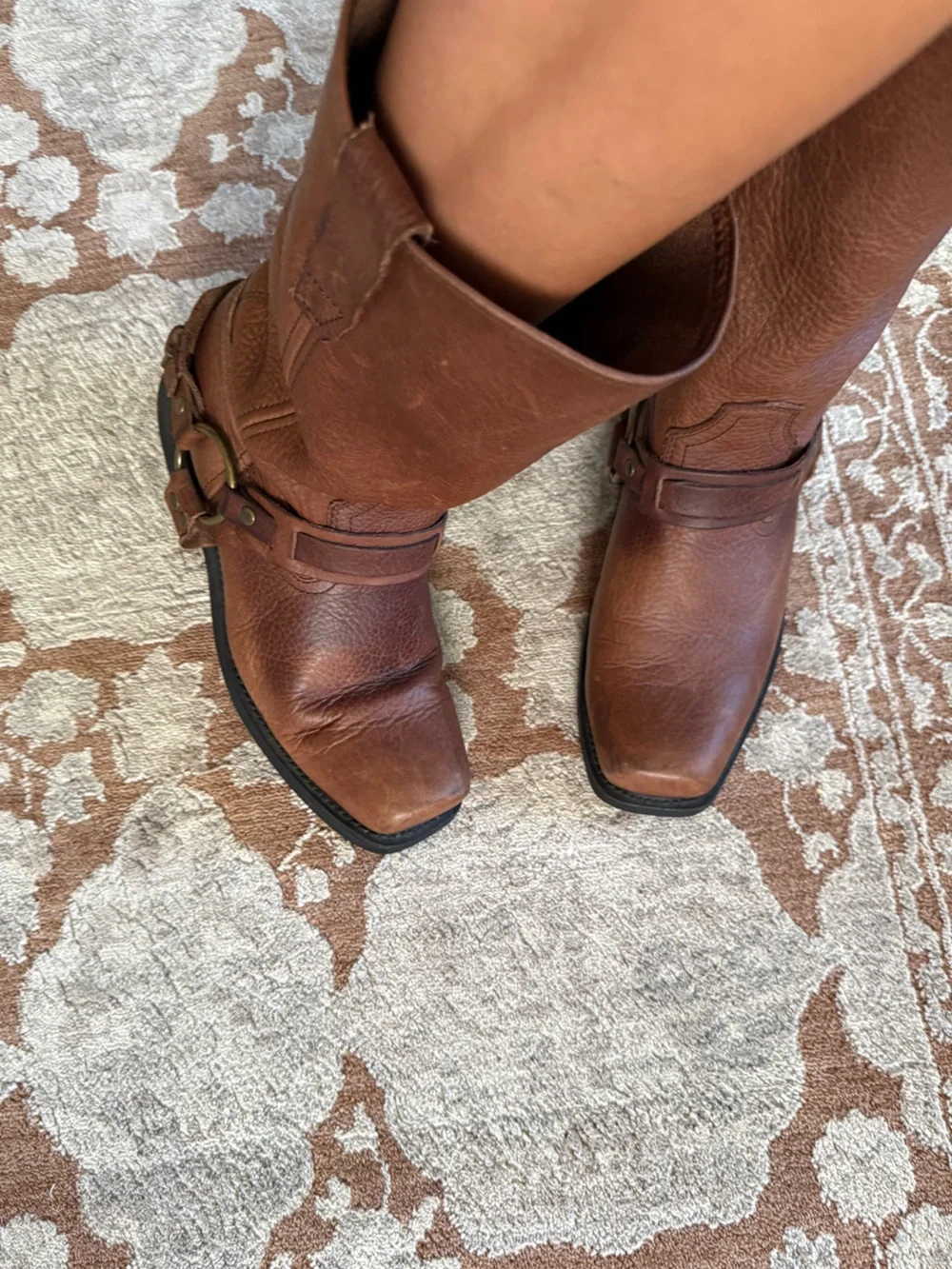 Brown Square toe leather harness boots sz 9.5